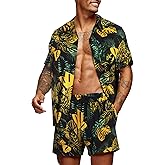 COOFANDY Men's Hawaiian Matching Set Summer Beach 2 Piece Outfits Flower Button Down Shirts and Shorts Vacation Outfits