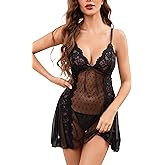 AnloveKiss Lingerie for Women Sexy Sheer Lace Babydoll Nightwear with Floral Details Black V-Neck Sleepwear