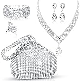 Cunno 5 Pcs Silver Clutch Purses for Women Evening Rhinestone Jewelry Set Bling Clutch Purse Bag Rhinestone Necklace Ring Bracelet Earring for Women Party Wedding Bride Jewelry (Triangle Style)