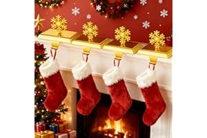 SYITCUN Metal Stocking Holders for Mantle Set of 4, Golden Magnetic Snowflakes Christmas Stocking Holder, Weighted Flat Stocking Hooks for Fireplace, Interesting Christmas Decorations