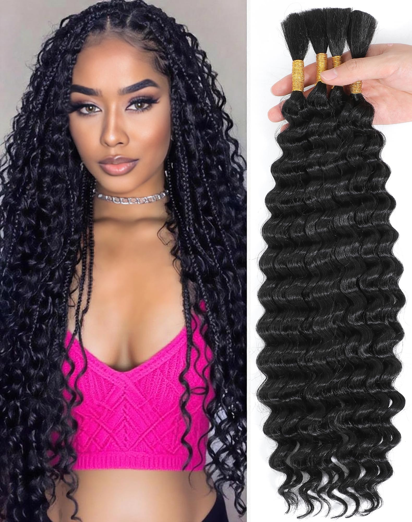 Photo 1 of 22 Inch Human Braiding Hair For Boho Braids 110g Deep Wave Boho Hair For Braiding Knotless 12A 100% Unprocessed Brazilian Virgin Hair Extensions Bulk Bohemian 4 Bundles/Pack Natural Color