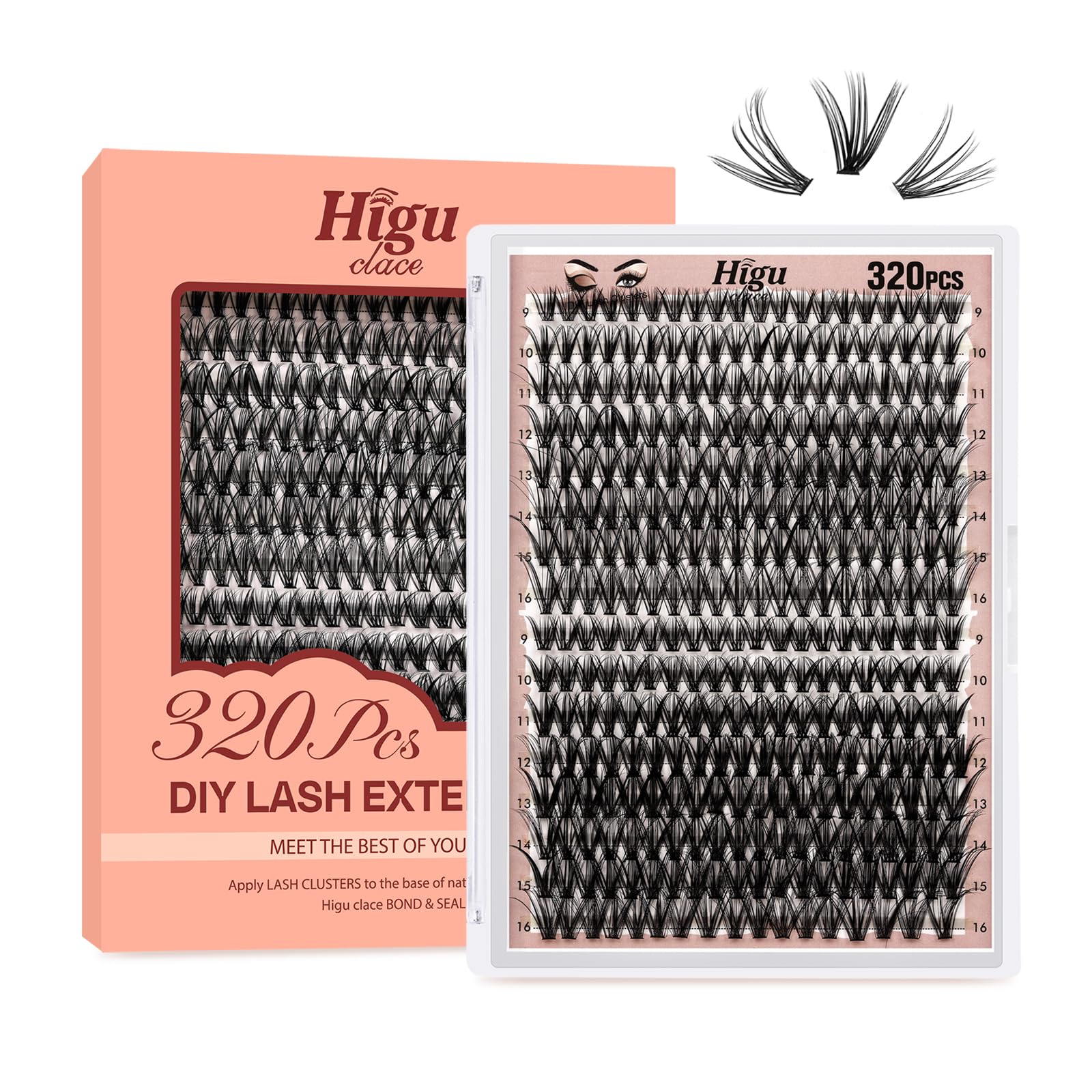 Higu clace 320PCS Lash Clusters C Curl 30D+40D 0.07mm 9-16mm DIY Individual Lashes Cluster Wispy Lash Clusters Matte Black Natural Look DIY Eyelashes at Home (30D+40D-0.07C-9-16MIX)