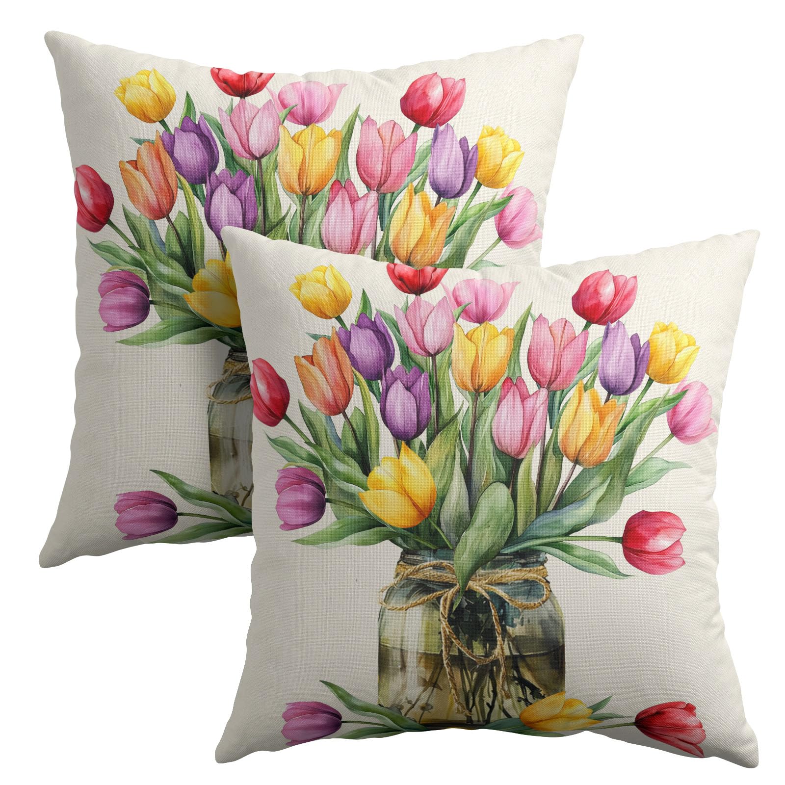 Photo 1 of Anyako Spring Summer Colorful Flowers Throw Pillow Covers 20X20 Inches Set of 2 Tulip Floral Mason Jar Pillowcase Soft Cotton Linen Square Spring Cushion Covers for Home Sofa Patio Bedroom