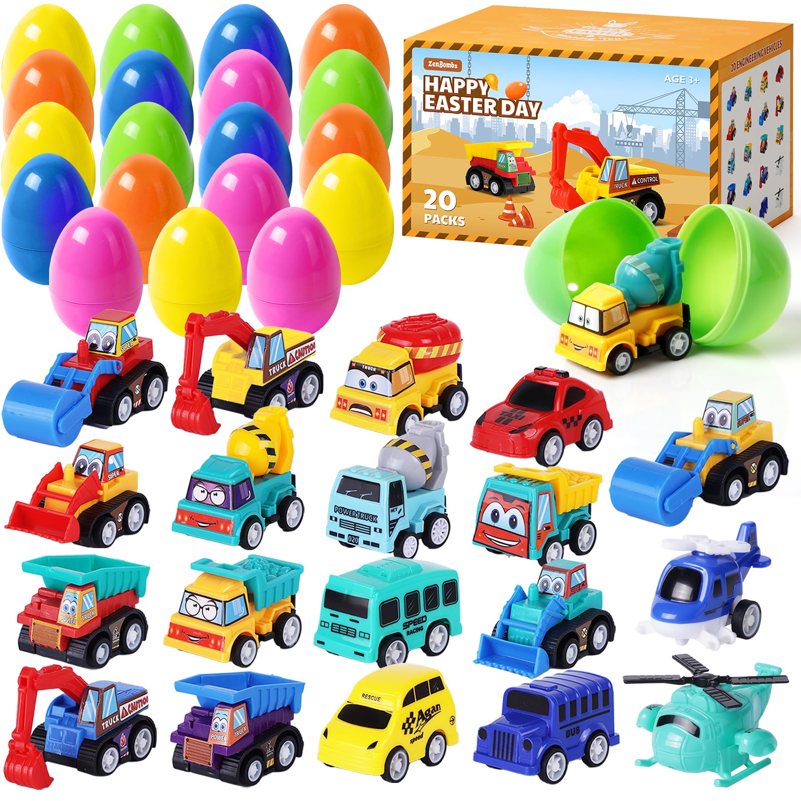 ZenBombs Easter Eggs with Cars Inside - 12 PCS Prefilled Easter Eggs with Pull-Back Toy Cars - Kids Easter Basket Stuffers & Party Favor Toys for Boys and Girls Over Age 3 Years Old