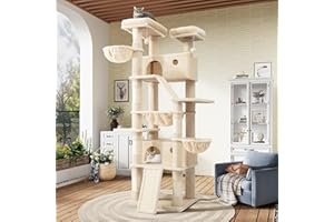 SHA CERLIN 81in Multi-Level Tall Cat Tree Tower for Indoor Kitties/Larger Cat Condo Furniture with Hammock/Cozy Pussycat Perches/Sisal Scratching Posts/Pet House/Wide Base/Beige
