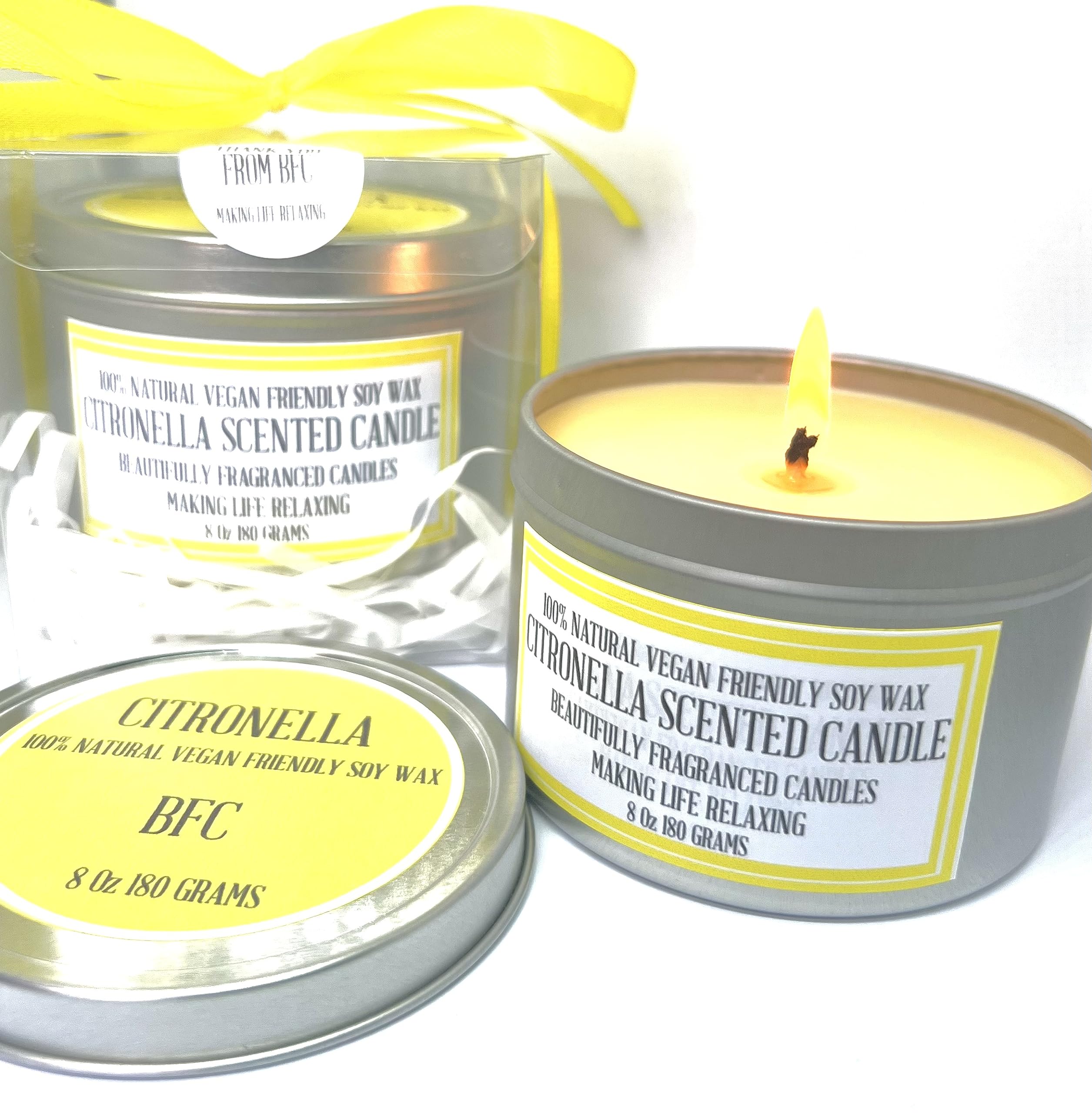Citronella Scented Soy Wax Candle - Handmade by BFC - Citronella Scented 36 Hours Burn Time 8 Oz 180 Grams Soy Wax Candle Silver Brush Finish Tin. Citronella Scented Fragranced Candle