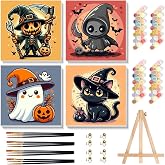 SUJINMEI 4 Pack Halloween Paint by Numbers Kit for Kids with Frame 8x8 inch | Wooden Easel, Halloween Kids Paint by Numbers Ages 4 8 12, Easy Acrylic Oil Painting Kits for Gift Home Decoration
