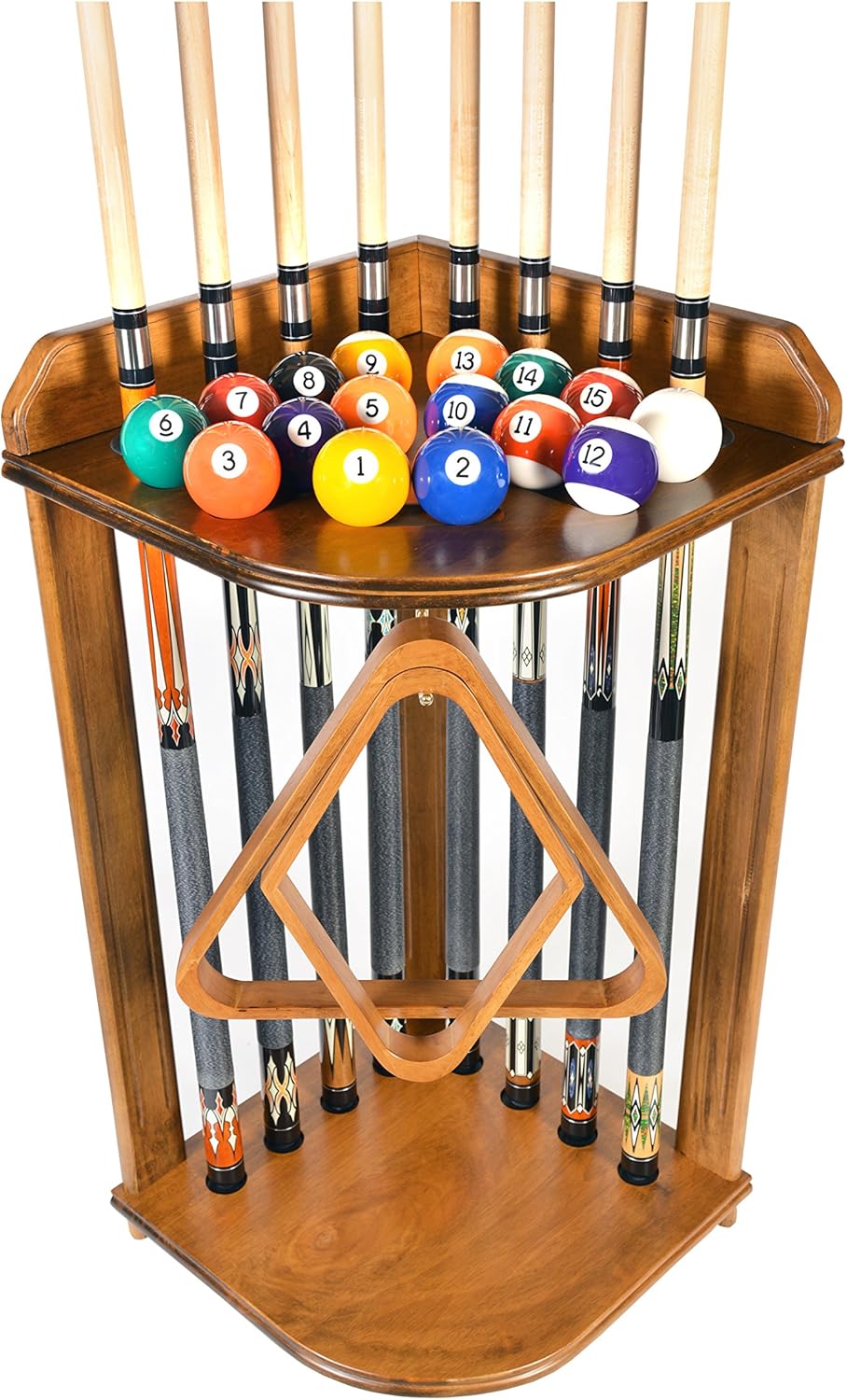 Oak or Black Finish Billiard Stick Stand Holds 8 Cues & Ball Set Choose