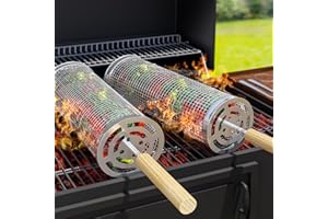 BICRET Rolling Grill Baskets for Outdoor Grill, Stainless Steel Rolling Grill Basket with BBQ Accessories and Handle for Grilling Vegetables Gift for Men, Dad and Husband Birthday(2PCS)