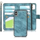 iCoverCase for iPhone X/XS Wallet Case with Card Holder and Wrist Strap, PU Leather Kickstand Card Slots Zipper Pocket Magnetic [Detachable] Flip Cover Case 5.8 Inch (Blue)