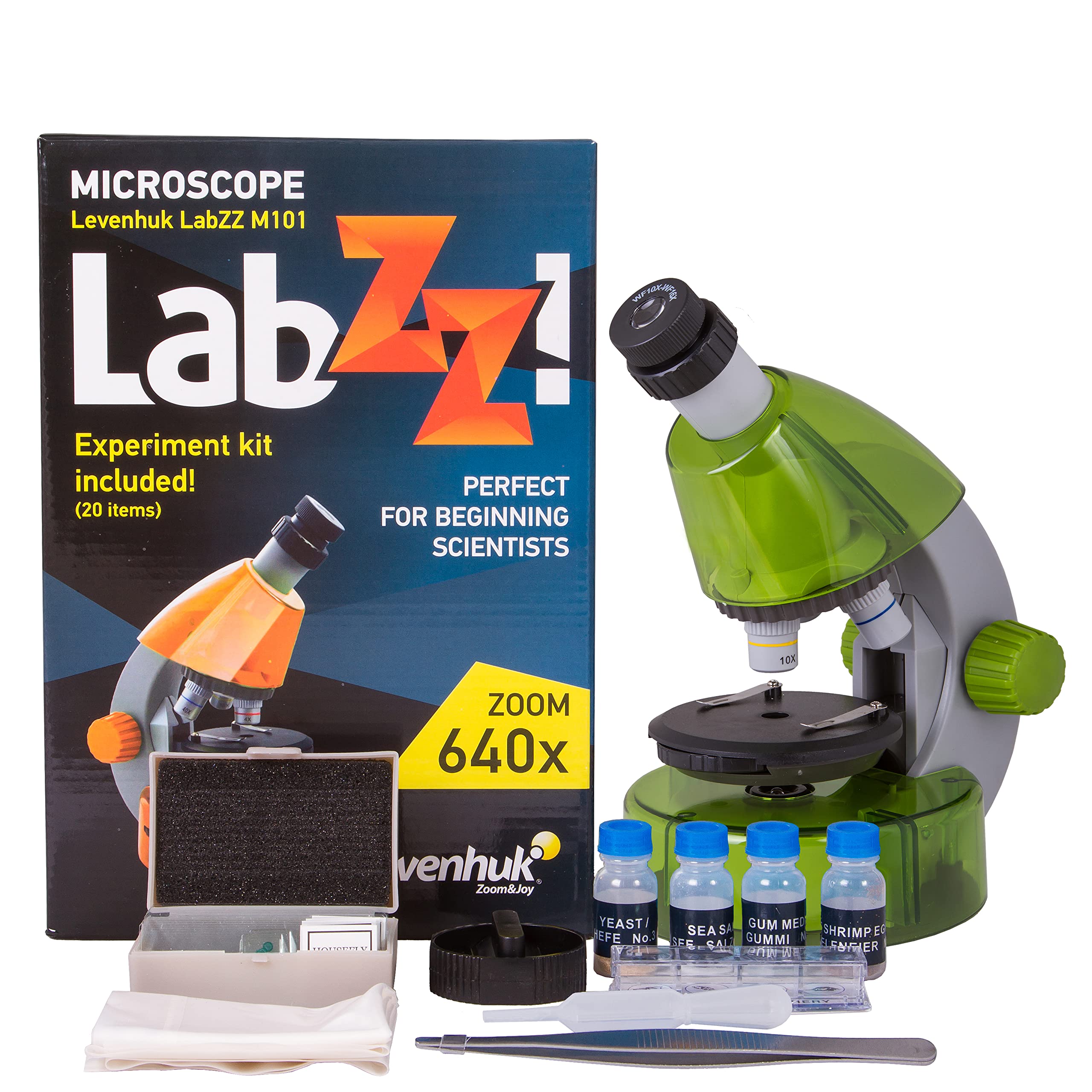 Levenhuk LabZZ M101 Lime 640x Portable Microscope for Kids with LED Light, Science Kit & Colourful Book, Educational STEM Toys Set, Prepared Sample Slides, Gift Ideas for Children, 4+ Years (EN)