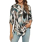Zattcas Womens Floral Printed Tunic Shirts 3/4 Roll Sleeve Notch Neck Tunic Top