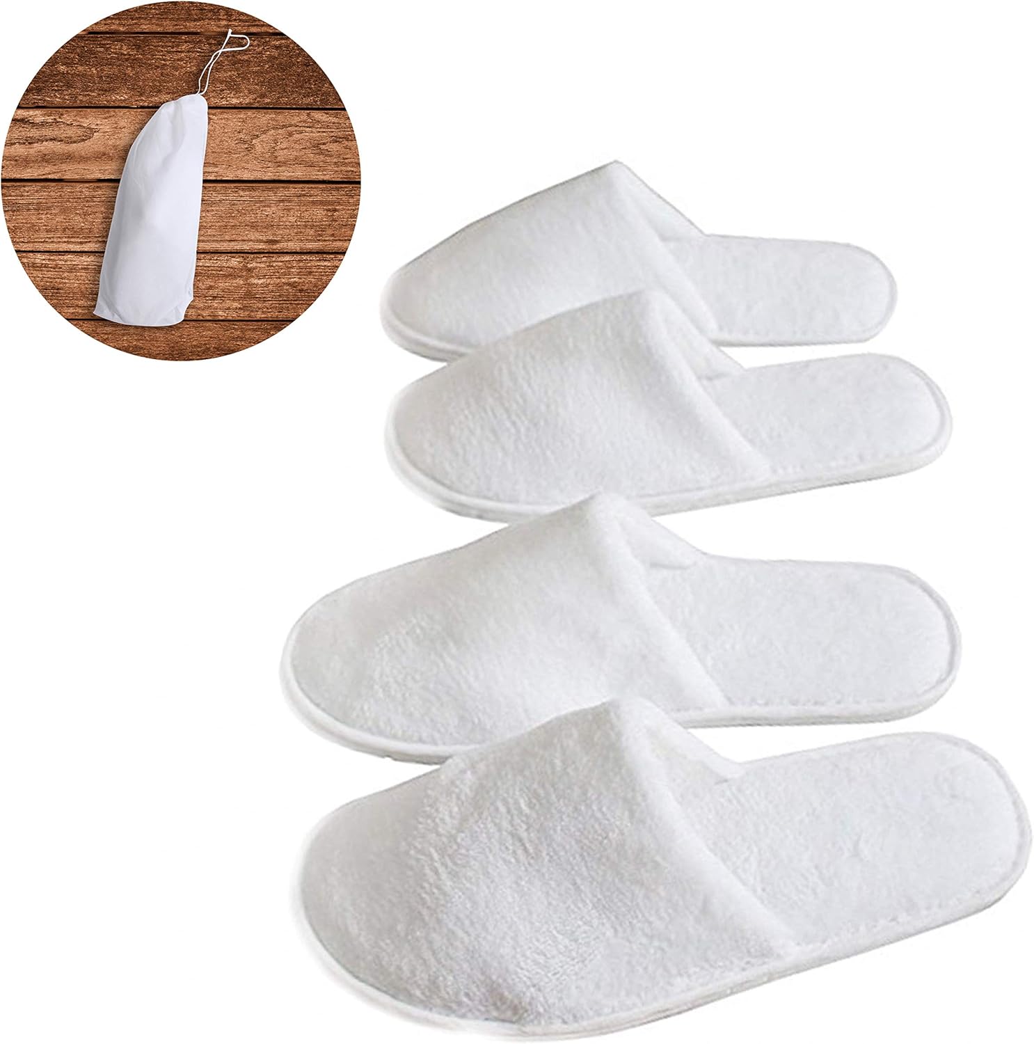Spa Slippers (12 Pairs) with Drawstring Bags White Fluffy Closed Toe
