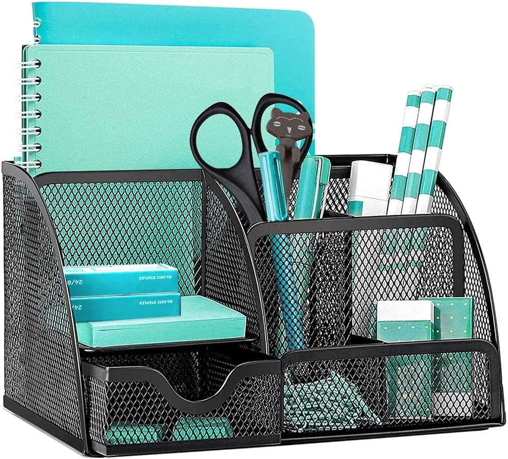 OKPOW Mesh Desk Organiser 6 Compartments 1 Drawer Black Office Stationery Tidy