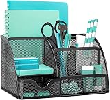 OKPOW Mesh Desk Organiser 6 Compartments 1 Drawer Black Office Stationery Tidy