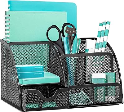 OKPOW Mesh Desk Organiser 6 Compartments 1 Drawer Black Office Stationery Tidy