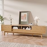 TOLEAD 70" TV Console, Mid Century Modern Media Console for 55/65/75 Inch TV, Low Profile TV Stand with Fluted Sliding Doors, Boho Light Wood Credenza for Living Room, Oak