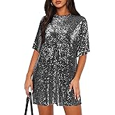 MIYIEONZ Women's Crew Neck Sequin Dress for Women Sexy V Neck Shirt Dress Sparkly Half Sleeve Loose Party Club Cocktail Dress