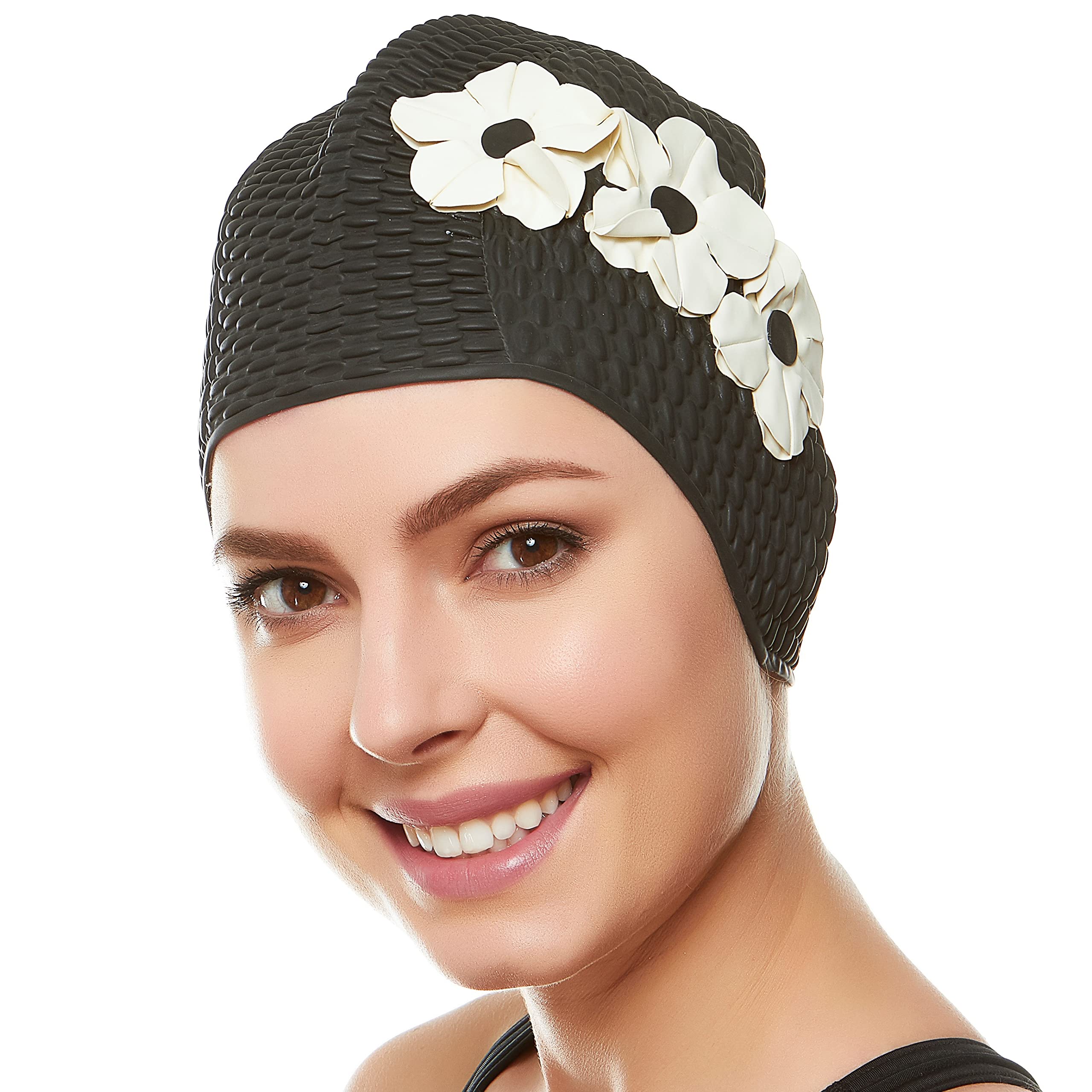 Beemo Swim Bathing Caps for Women & Girls - Black with White Flowers