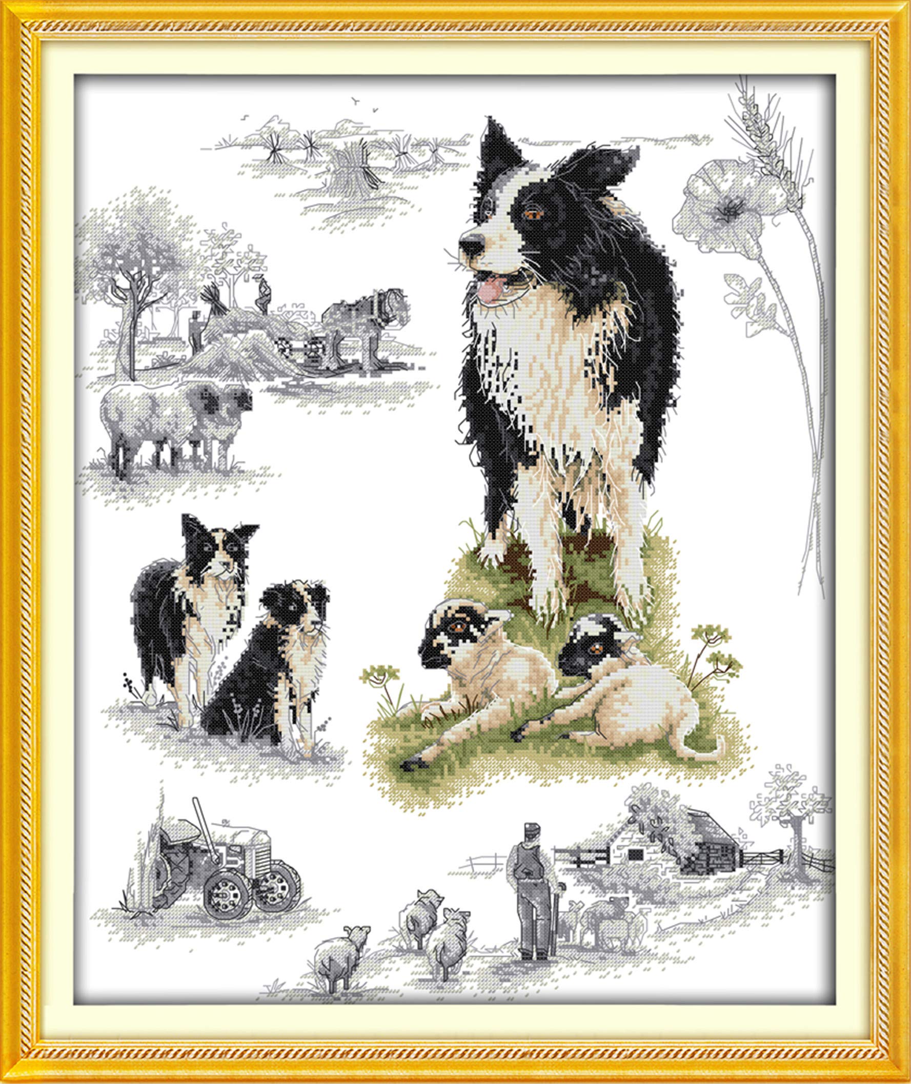 CaptainCrafts Cross Stitch Kits Stamped Cross Stitch Printed Fabric Cross Stitch Adults Embroidery Kits (Preprinted 11CT, Herding Dog)