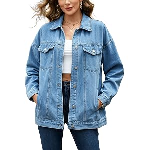Dofancy Women’s Oversized Jeans Jacket Classic Button Down Denim Jacket for Women Loose Fit Boyfriend Biker Coat
