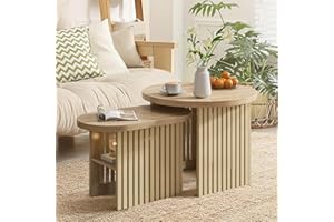 Fsbecl Round Coffee Table, Nesting Coffee Table Set of 2, Modern Coffee Table with Fluted Panel and Storage Shelf, Nesting Tables for Living Room (Natural)