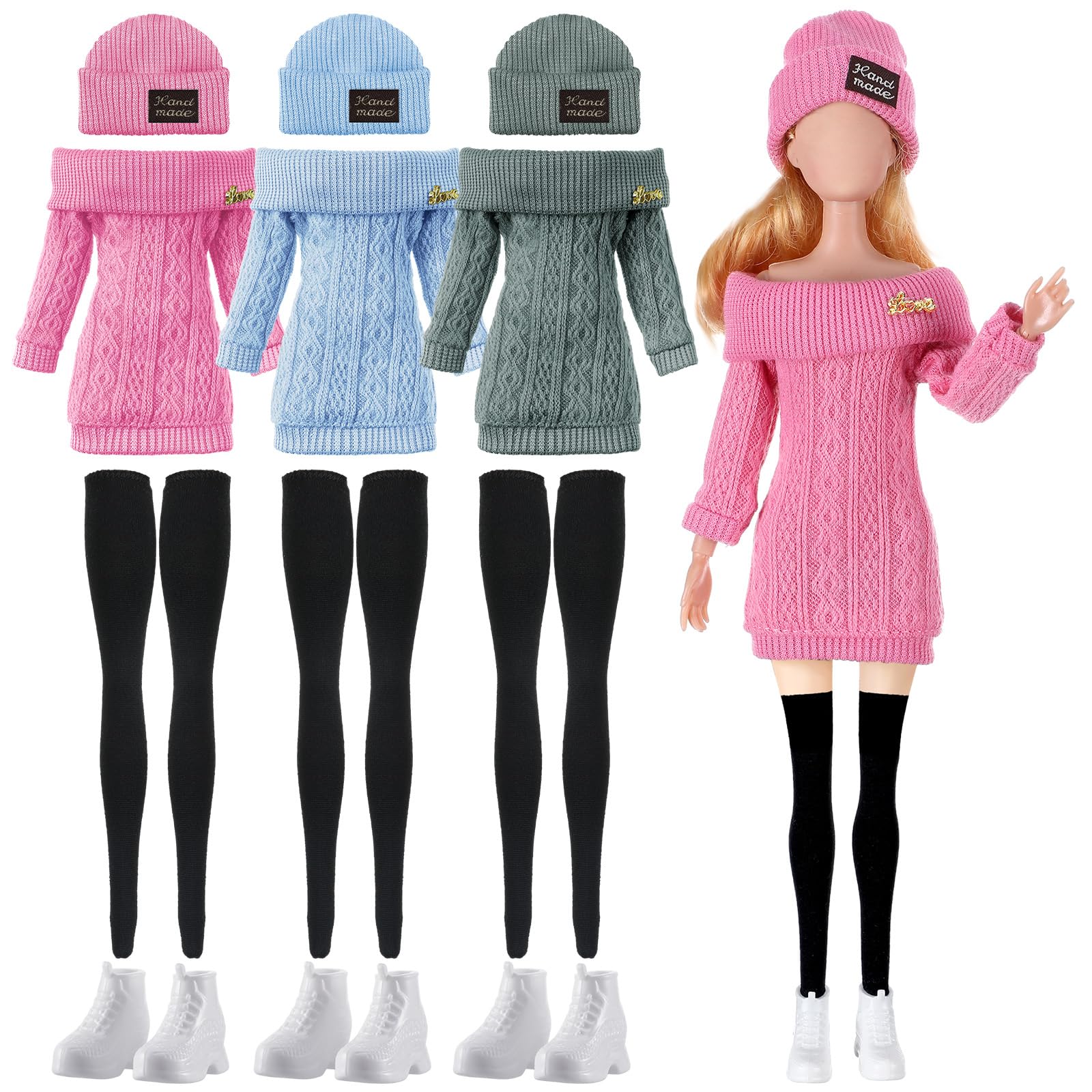 Photo 1 of Geyoga 3 Set 12 Pcs Winter Doll Sweater Clothes and Accessories Suit Pants Shoes Sweater Outfits, Dolls are Not Included(Sage Green, Light Blue, Rose Red,12 Inch)