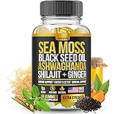 Sea Moss, Black Seed Oil, Ashwagandha, Ginger, Shilajit Gummies with Elderberry, Chlorophyll, Turmeric Bladderwrack Sea Moss Gummies Advanced Strength Formula - All in 1 Bundle - USA Made (60 Gummies)