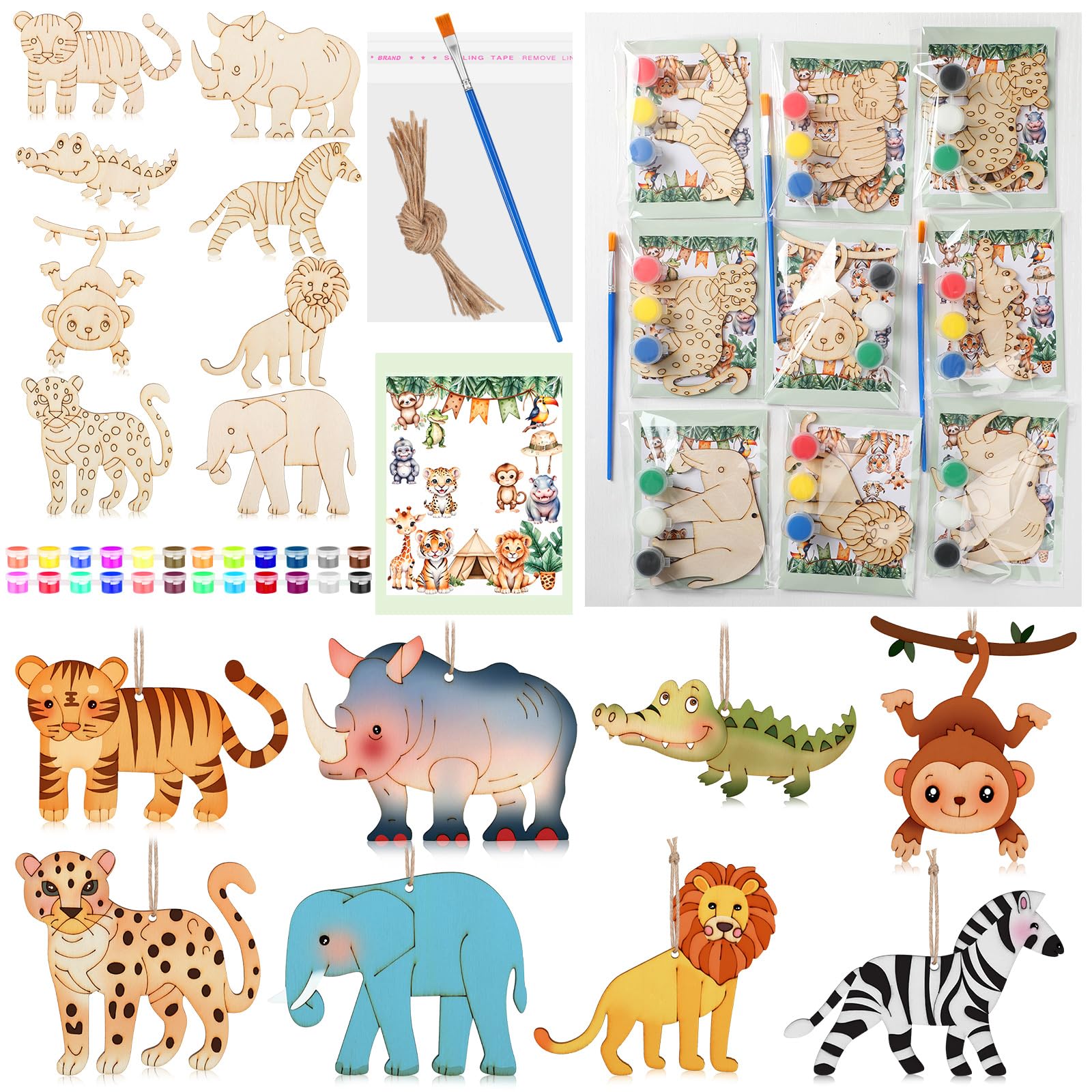 Photo 1 of Colingmill 24 Set Safari Party Favors Jungle Craft Kits Supplies DIY Safari Jungle Wooden Painting Kit Wooden Coloring Crafts Wild Animals Birthday Goodie Bags Gifts Prizes