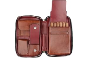 FIREDOG Cigar Pouch, Genuine Leather Travel Portable Cigar Case Box (Holds 5-6 Cigars,Brown-Red)