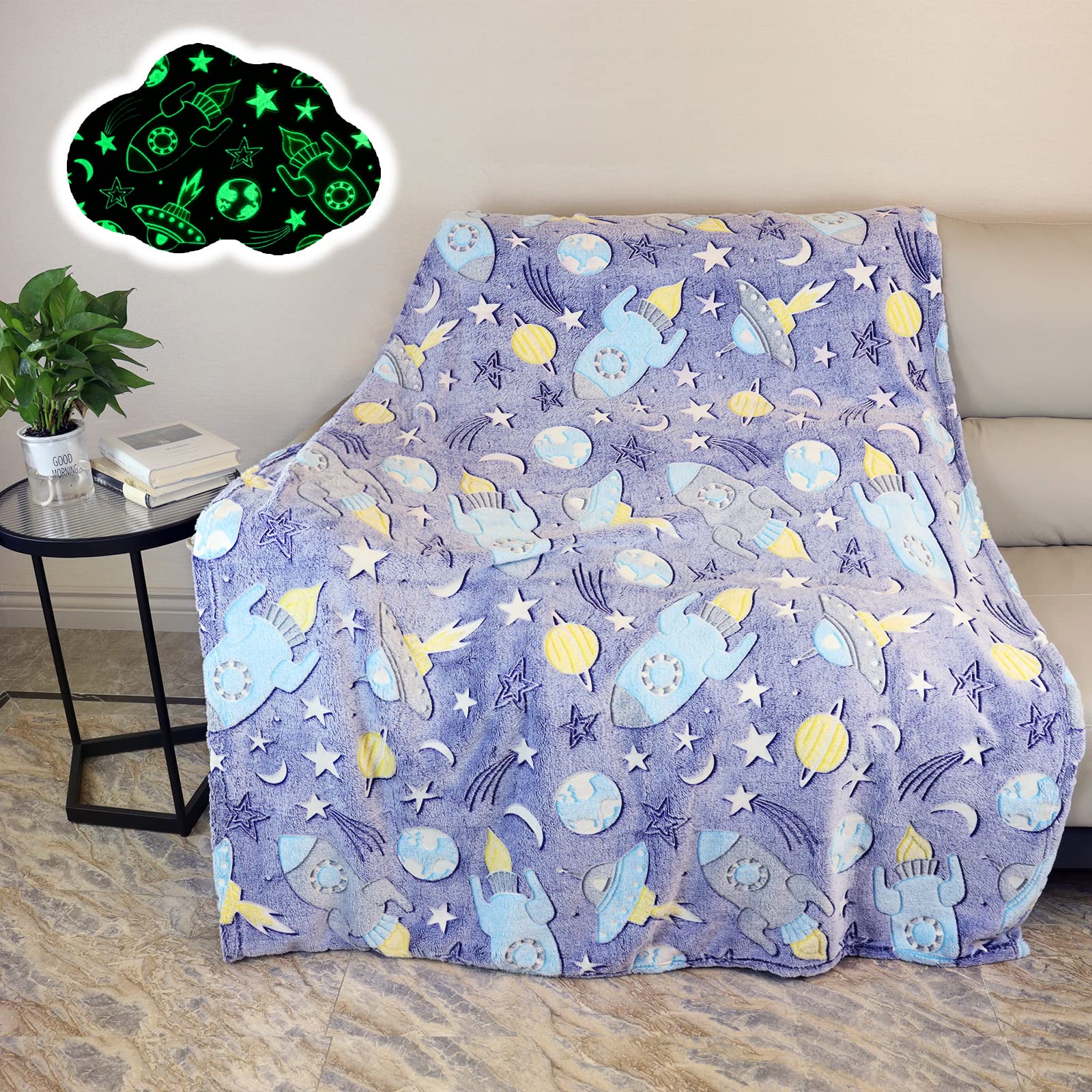 AVJWWD Glow in The Dark Throw Blanket, Galaxy Stars Pattern Soft Flannel Fleece Blanket,All Season Couch Sofa Nap Blanket for Kids Girls Boys Adults Gifts (Space A, 150 x 200 cm)