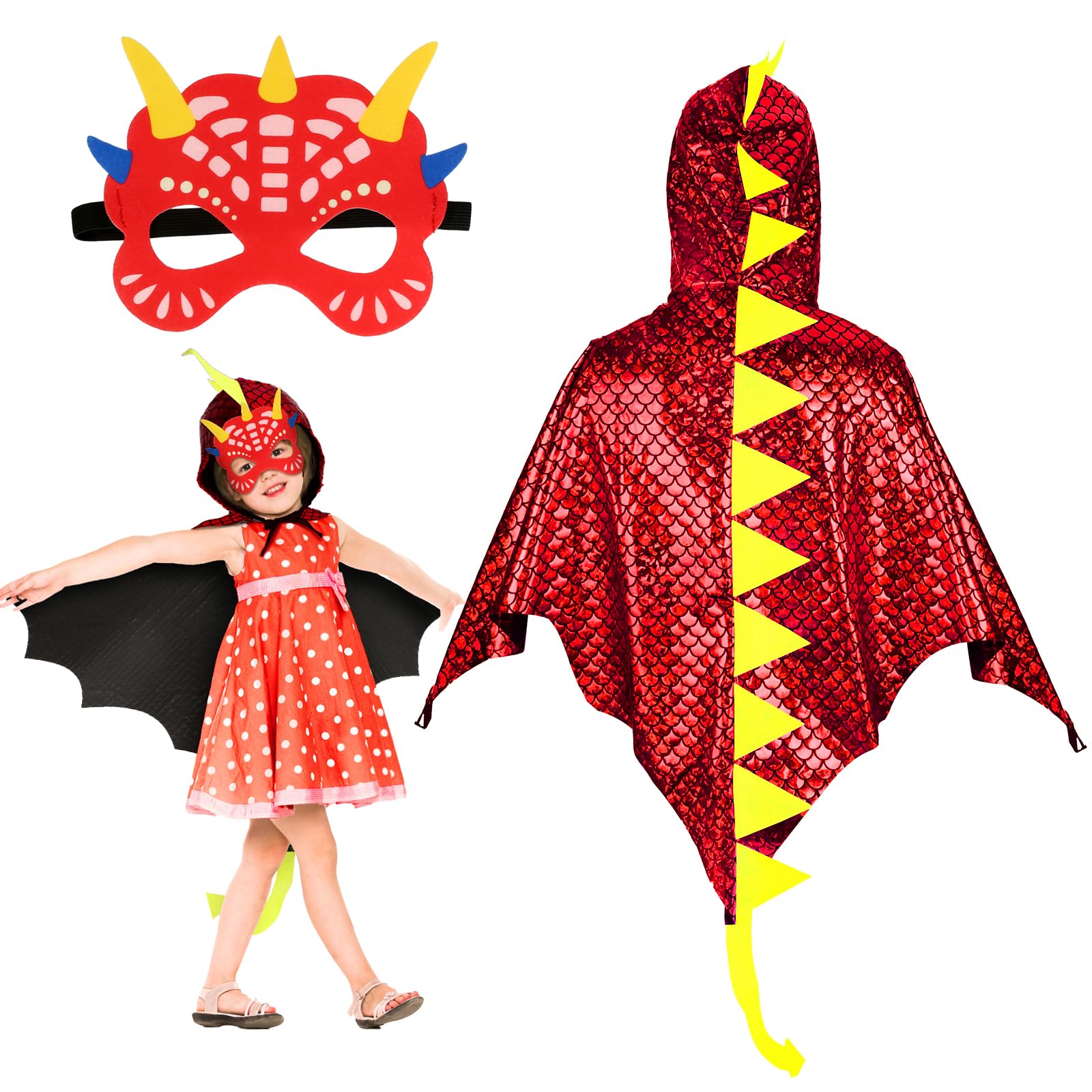 Landifor 2pcs Dinosaur Costume for Kids Red Dino Fancy Dress Outfit Dragon-Wings Cape with Dino Mask for 3-8 Years Child Jurassic Themed Party Costume Cosplay Pretend Play