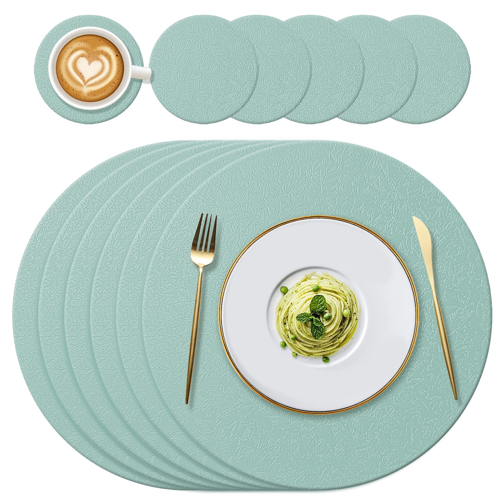 YUNJUER 6 Round Silicone Placemats + 6 Coasters Set, Heat-Resistant 450 °F Place mats, Non-Slip and Washable, Table Mats for Home, Hotel, Dining Table, Indoor, Outdoor, (Light Green)
