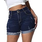 Gocolloa Womens Plus Size Jean Shorts High Waisted Stretchy Ripped Frayed Folded Hem Denim Shorts