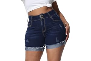 Gocolloa Womens Plus Size Jean Shorts High Waisted Stretchy Ripped Frayed Folded Hem Denim Shorts
