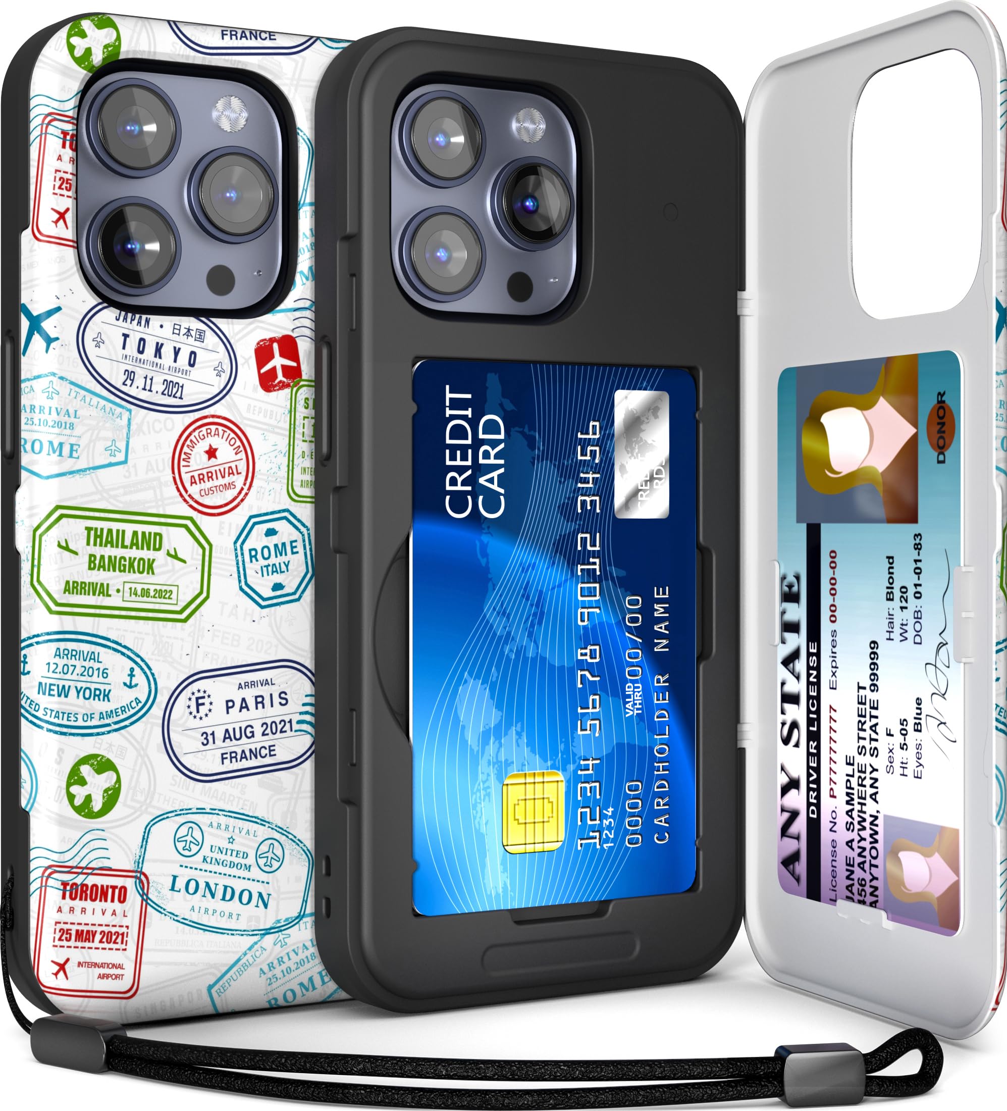 TORU for iPhone 15 Pro Max Wallet Case with Card Holder, Hidden ID Credit Card Slot Flip Kickstand, Slim Fit Shockproof Heavy Duty Phone Cover with Strap - Travel Stamps Pattern — image 1