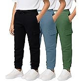 Real Essentials 3 Pack: Boys' Cotton Fleece Cargo Joggers Athletic Sweatpants - Kids Casual Sports Pants Pockets (Ages 6-16)