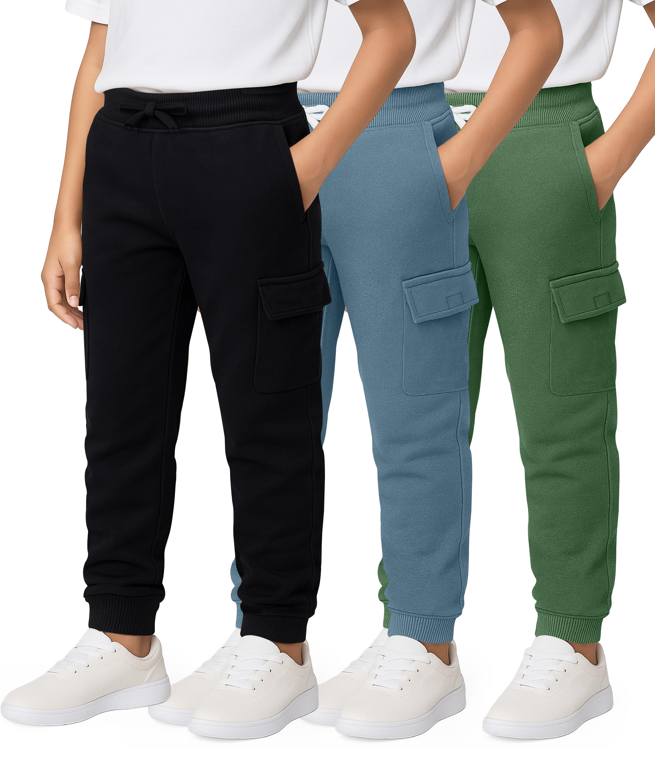 Photo 1 of 1pc**Real Essentials 1 Pack: Boys' Fleece Cargo Joggers Athletic Sweatpants - Kids Casual Pants with Pockets-Set 7, M, 8-10