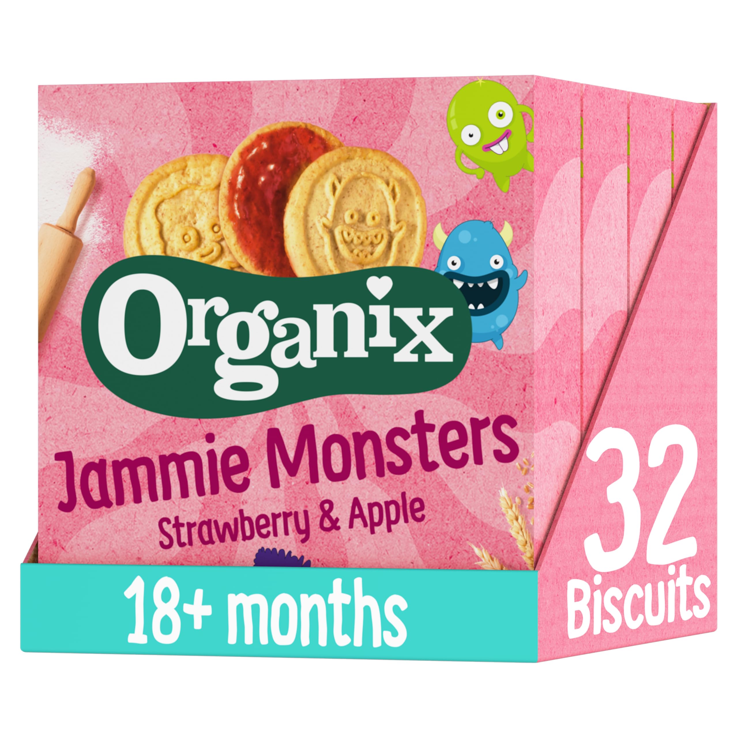 Organix Jammie Monsters Strawberry & Apple Biscuits, Organic Toddler Snack, 18+ Months, Multipack, 8 x 8 g Biscuits Per Box (4 Boxes Total)