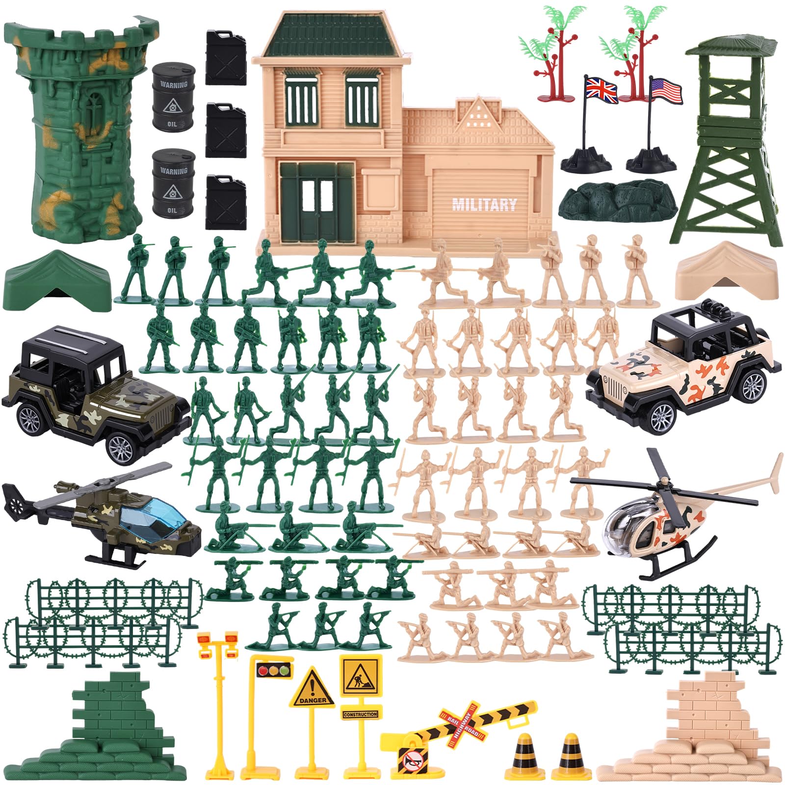 AMOR PRESENT 120PCS Army Men Military Set, Toy Soldiers Playset Plastic Army Men Figures and Accessories with Vehicles Helicopters for Boys Girls
