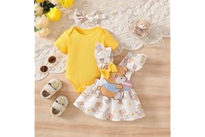Baby Girl Romper Outfit Set Ribbed Short Sleeve Romper Suspender Skirt with Applique Bib and Headband 3 Piece