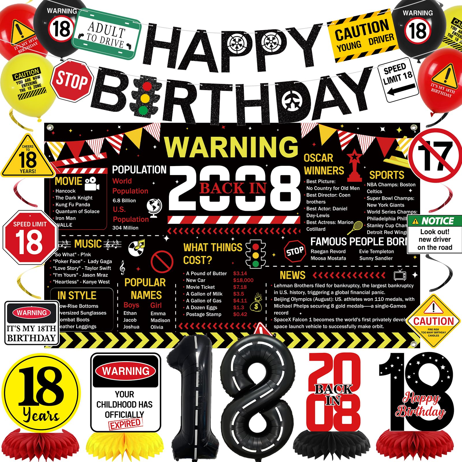 Photo 1 of Roetyce 18th Birthday Decorations Boys Girls, Caution Logos Back In 2008 Poster Happy 18th Birthday Banner Balloons Hanging Swirls Kit, Black Red Funny 18 Years Old Party Backdrop Wall Signs Adult