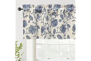 DriftAway Freda Jacobean Floral Linen Blend Blackout Thermal Insulated Energy Saving Privacy Window Linen Curtain Valance Rod Pocket 2 Layers Single 52 Inch by 18 Inch Plus 2 Inch Header Navy Beige