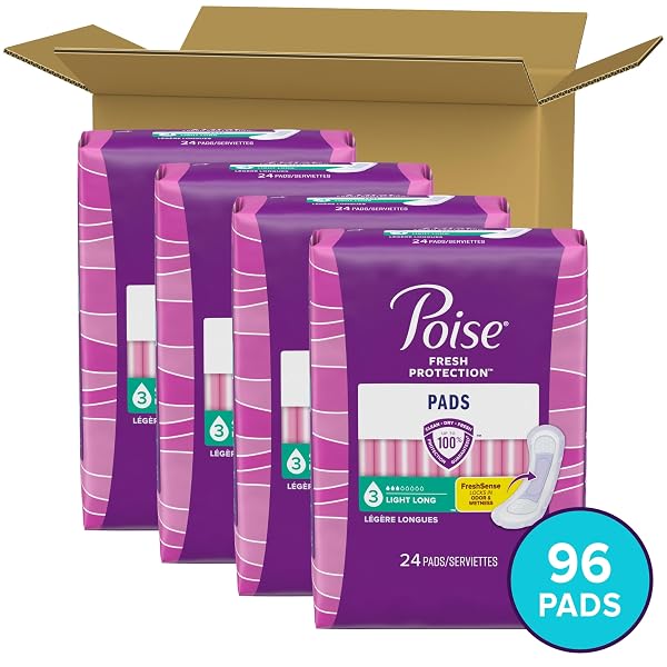 POISE INCONTINENCE PADS & POSTPARTUM INCONTINENCE PADS, 3 DROP LIGHT ABSORBENCY, LONG LENGTH, 96 COUNT (4 PACKS OF 24), PACKAGING MAY VARY