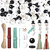 Lucleag 100 Pieces Christmas Snowman Wooden Bead, Christmas Snowman DIY Crafts Kits, Christmas Wooden Beads Ornament with Hemp Rope Plaid Scarf for Christmas Decorations Party Supplies Gifts
