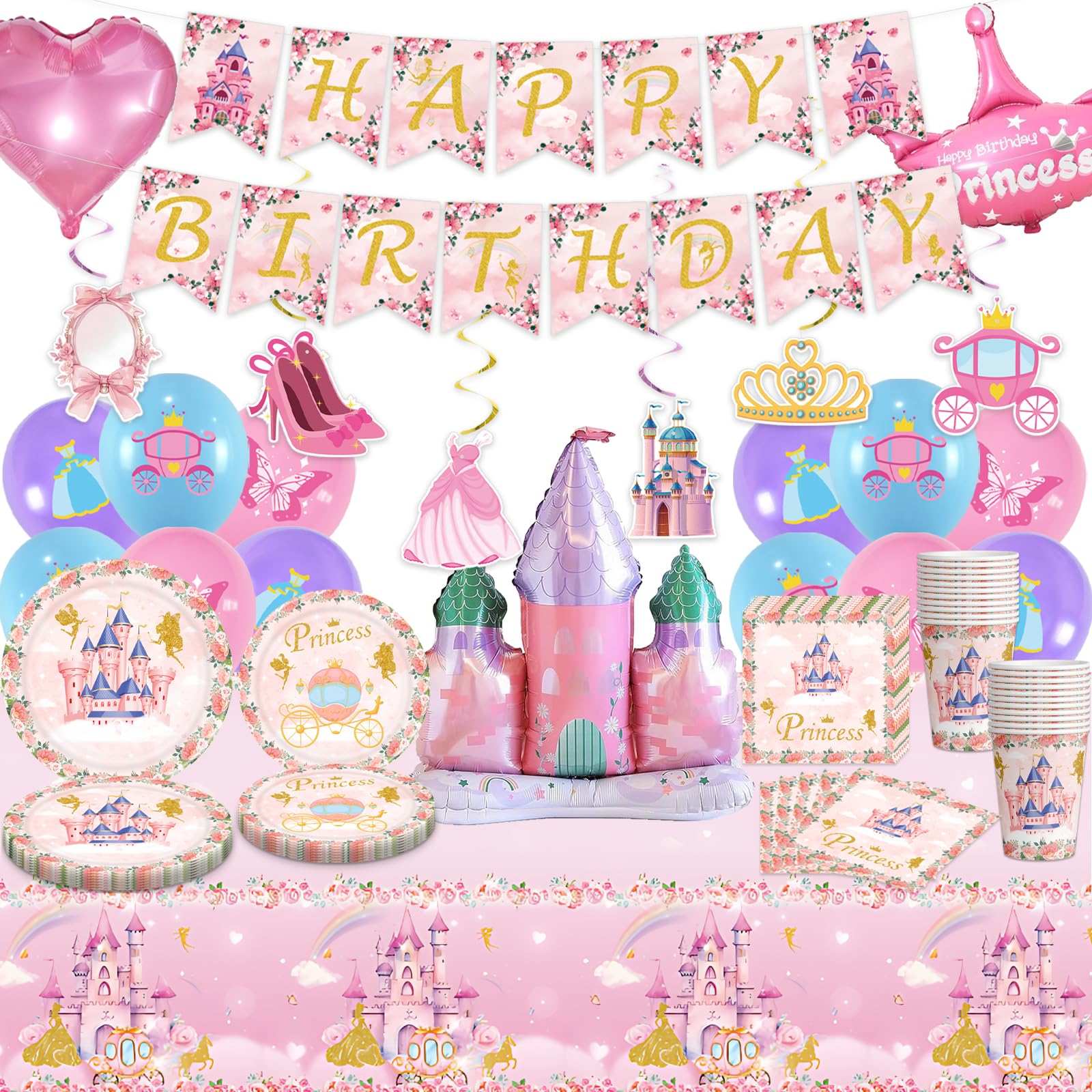 Photo 1 of SYUCVQI Princess Birthday Party Decorations Princess Plates and Napkins Party Supplies - Happy Birthday Banner, Castle Crown Foil Balloons, Disposable Tablecloth, Cups Sets for Girls Women, Serve 16
