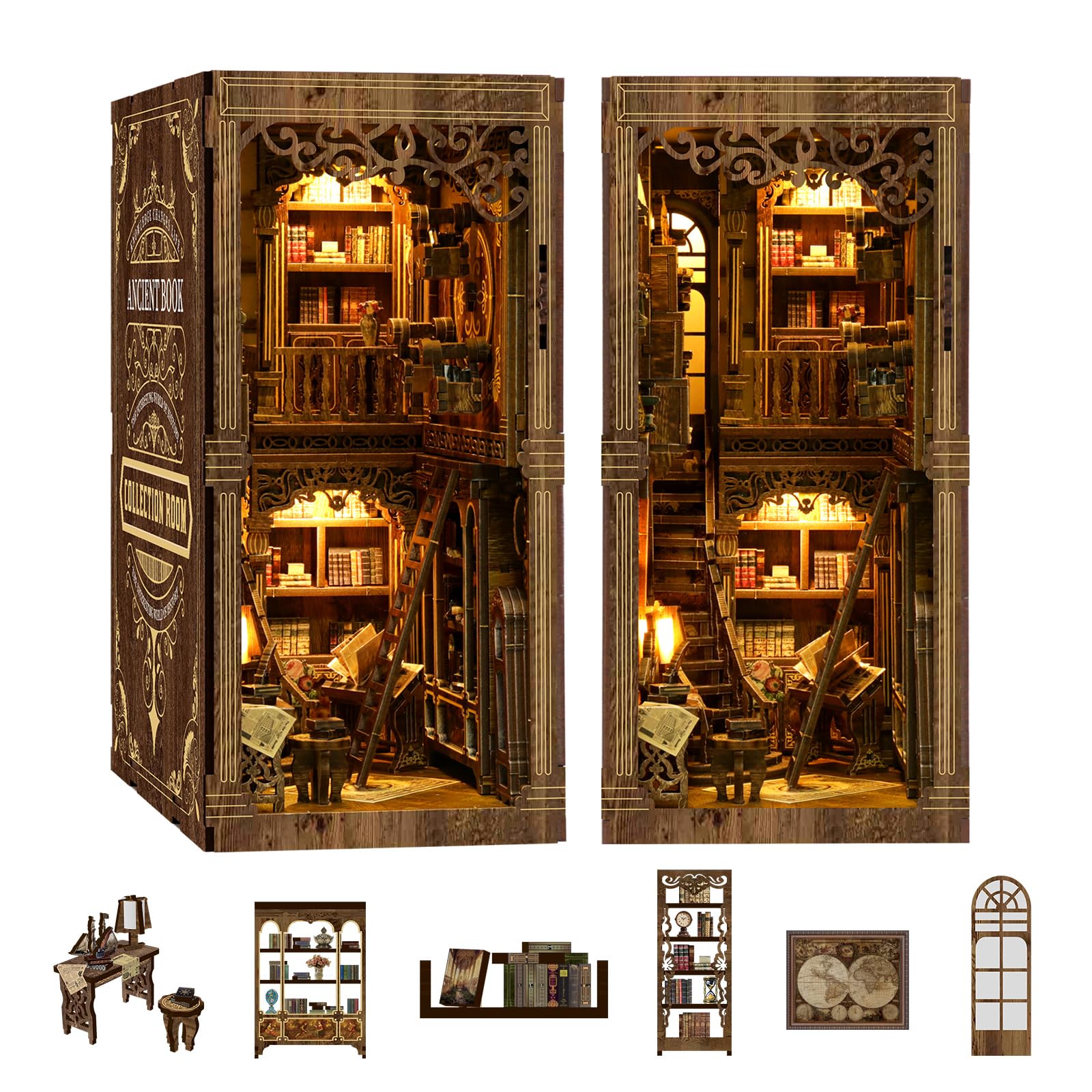 Chinoket Book Nook Kit - Ancient Books Collection Room Model, DIY 3D Miniature Wooden Puzzle with LED Lights,Decor Craft Kit for Adults & Teens, Perfect Home Decor & Gifts