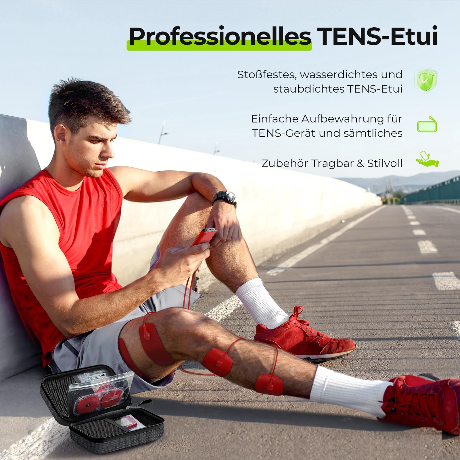 AUVON TENS Device with EVA Carry Case, Rechargeable Stimulation Device for Pain with 24 Training Programmes, 2 Channels Red TENS Device Pain Therapy, 12 Premium Electrodes with Patented Design