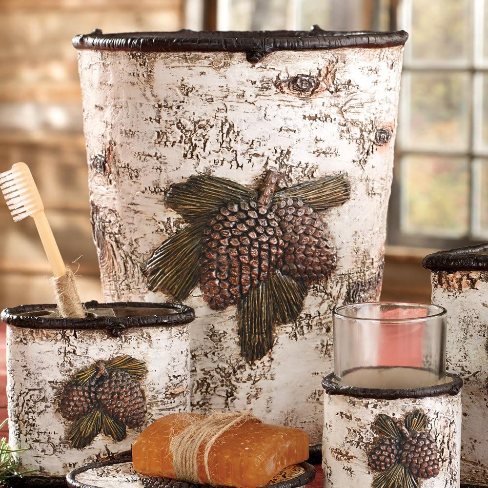 Amazon Com Black Forest Decor Pinecone Birch Lodge Waste Basket Rustic Bathroom Accessories Home Kitchen