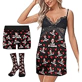 Queyeauc Custom Face Nightgown for Women Personalized V-neck Lace Chemise Sleepwear Sleep Dress Valentines Day Gifts